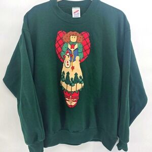 Jerzees Vintage 80s Christmas Angel Sweatshirt Green Crewneck L
